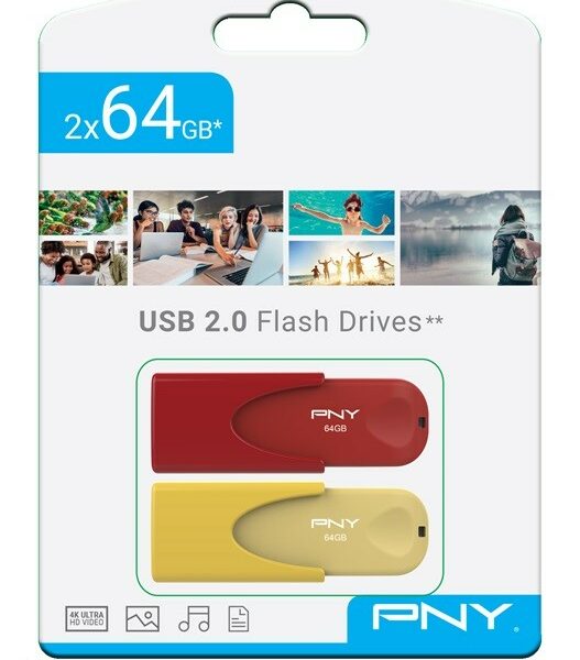 PACK DE DEUX CLÉ USB PNY 64GB USB 2.0 ROUGE & JAUNE