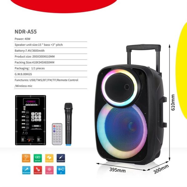Haut-parleur à levier NDR-A55 40 W 15 pouces avec éclairage LED et microphone sans fil